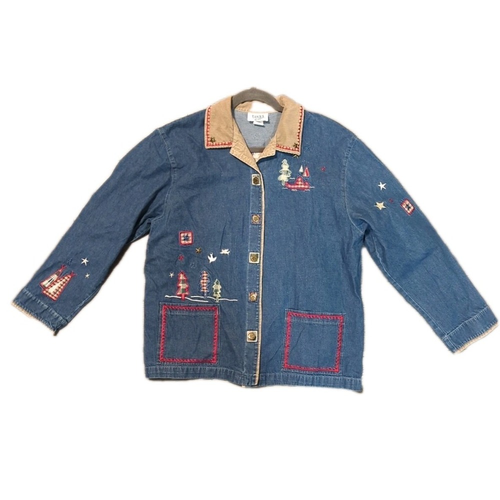 Vtg Teddi XL Chore Jacket Denim Button Up Embroidered Camping Utility Woodsy Fun